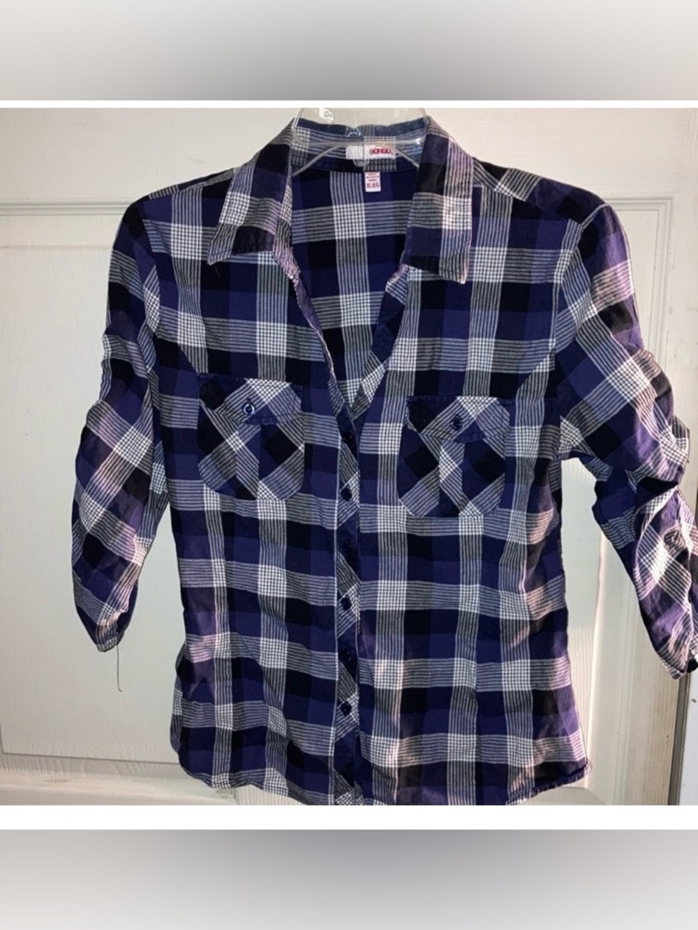 BONGO Navy and White Plaid Button-Up Top Juniors Size XL